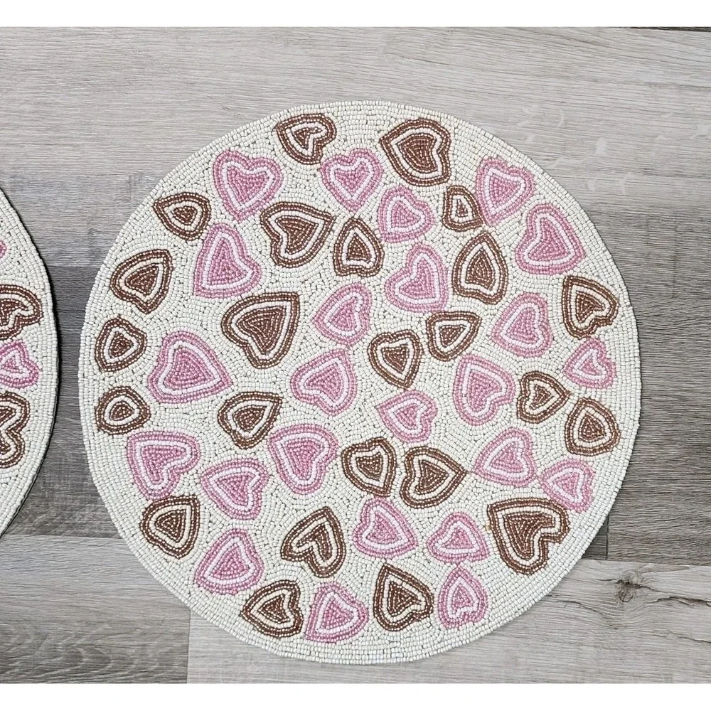 Valentines Day Pink & Gold Hearts Beaded‎ Placemat Charger Placemats 2 Pc 15